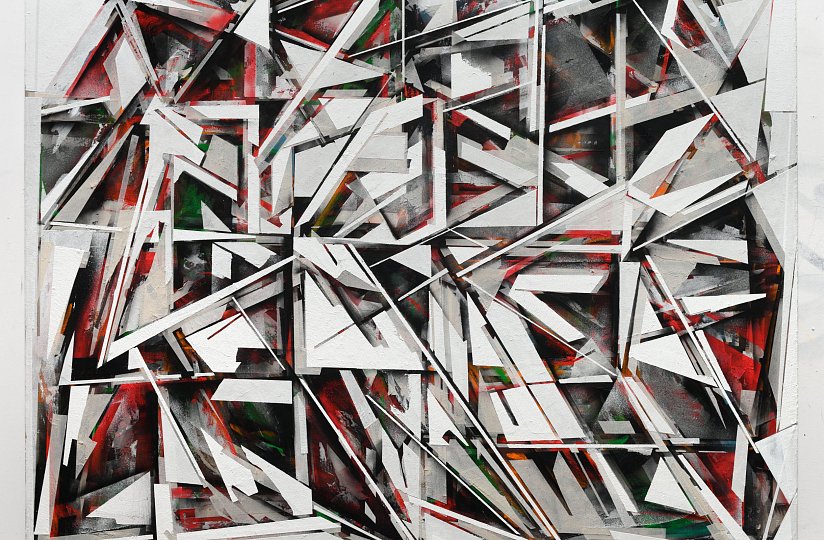 Bílá konstrukce 00, 2023,olejový pastel, tmel, sprej na plátně, 200 X 250 cm
